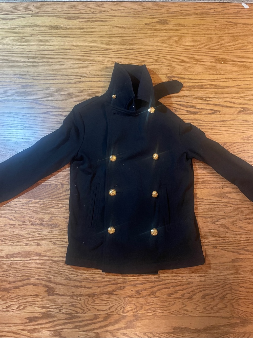 Ralph Lauren Navy-Black Double-Breasted Wool Peacoat with Gold Buttons